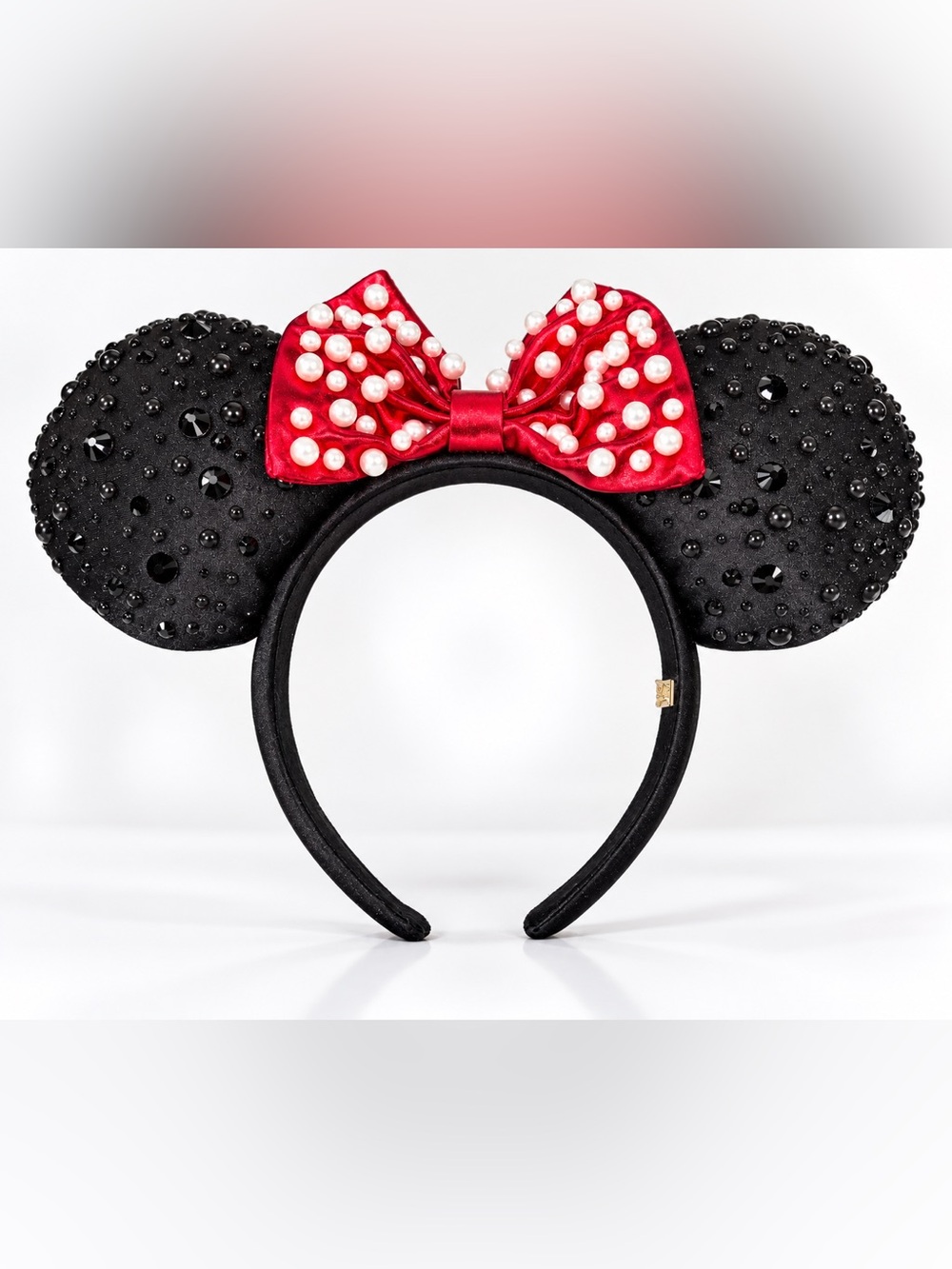Disney Black Sequin Mouse Ear Headband with Red Pearl Bow
